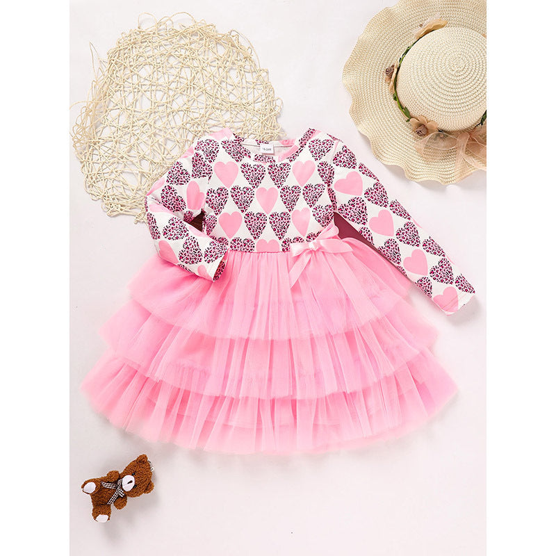 US Local Toddler Girls Outfits Long Sleeve Graphic Heart Print Mesh Tulle Dress Valentine Birthday Party Dresses