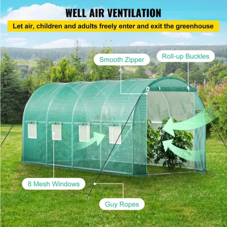 US Local VEVOR Walk-in Tunnel Greenhouse, 14.8 X 6.6 X 6.6 Ft Portable Plant Hot House W  Galvanized Steel Hoops, 1 Top Beam, Diagonal Poles, Zippered Door   8 Roll-up Windows, Green