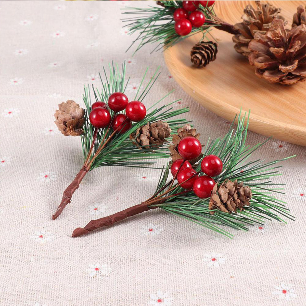 US Local 10 Pcs Christmas Artificial Pine Picks Christmas Simulation Pine Needle Fake Mini Berries Pinecones For DIY Garland Flower Arrangements Holiday Wreaths Wedding Garden Xmas Tree Decorations