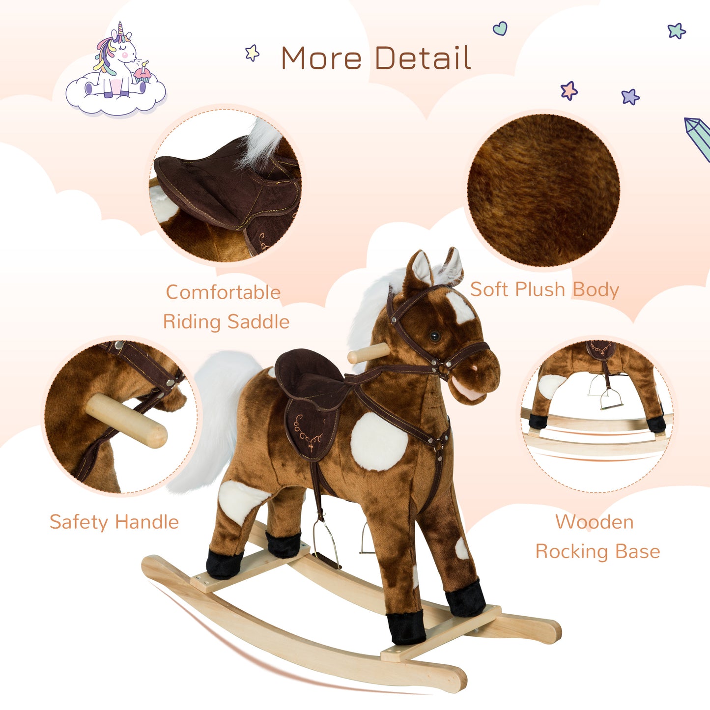 US Local Kids Plush Ride-On Rocking Horse Chair Toy With Nursery Rhyme Music Dark