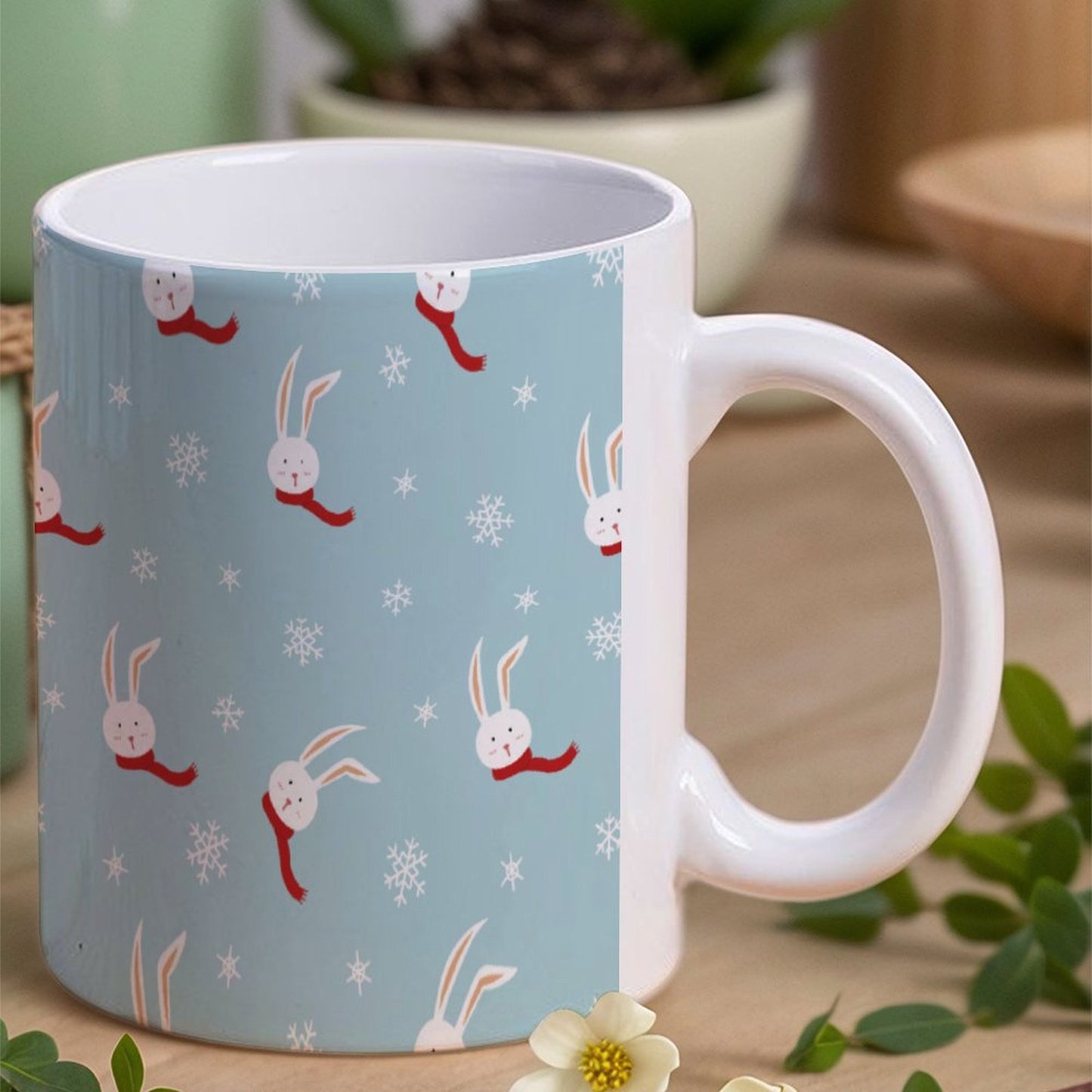 POD US Local White mug with full print, Christmas Rabbit Snowflake 0011