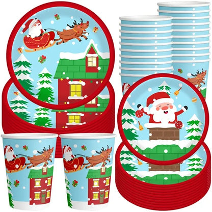 US Local Christmas Paper Plates And Cups Set Decorations For 10 Guests Santa Claus Elk Pattern Plates And Cups