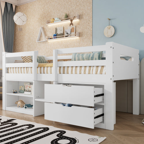 UK Local Wooden Bed, Storage Bed , Children S Bed, 3ft Single Bed 90x190cm, Safety Guardrail, Two Drawers With Slides, Two Storage Compartments, Pine Wood  Particle Board, White