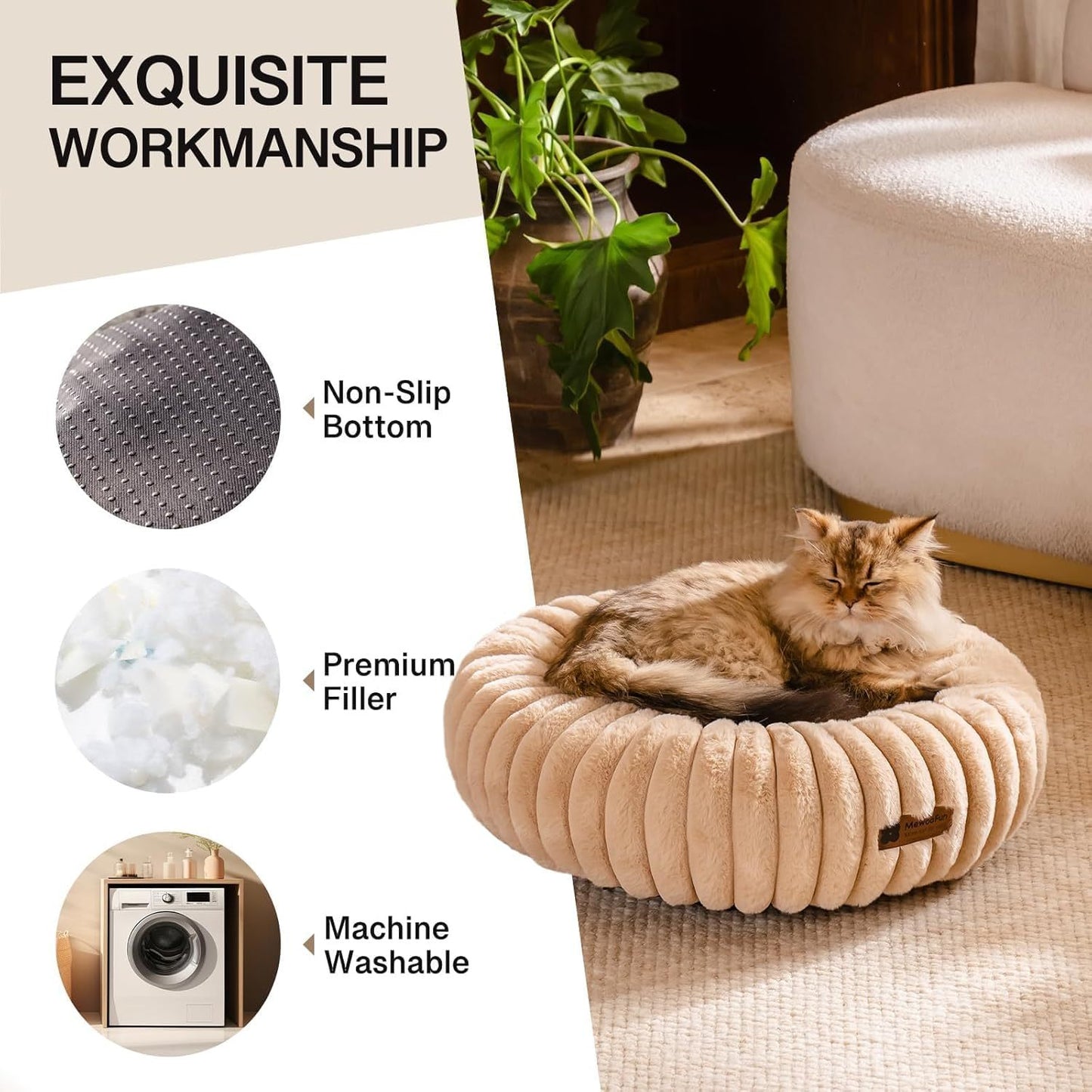 MEWOOFUN Donut Dog Bed For Medium Dogs - Calming Pet Bed With Non-Slip Bottom, Washable For Pets Up To 45 Lbs Light Brown