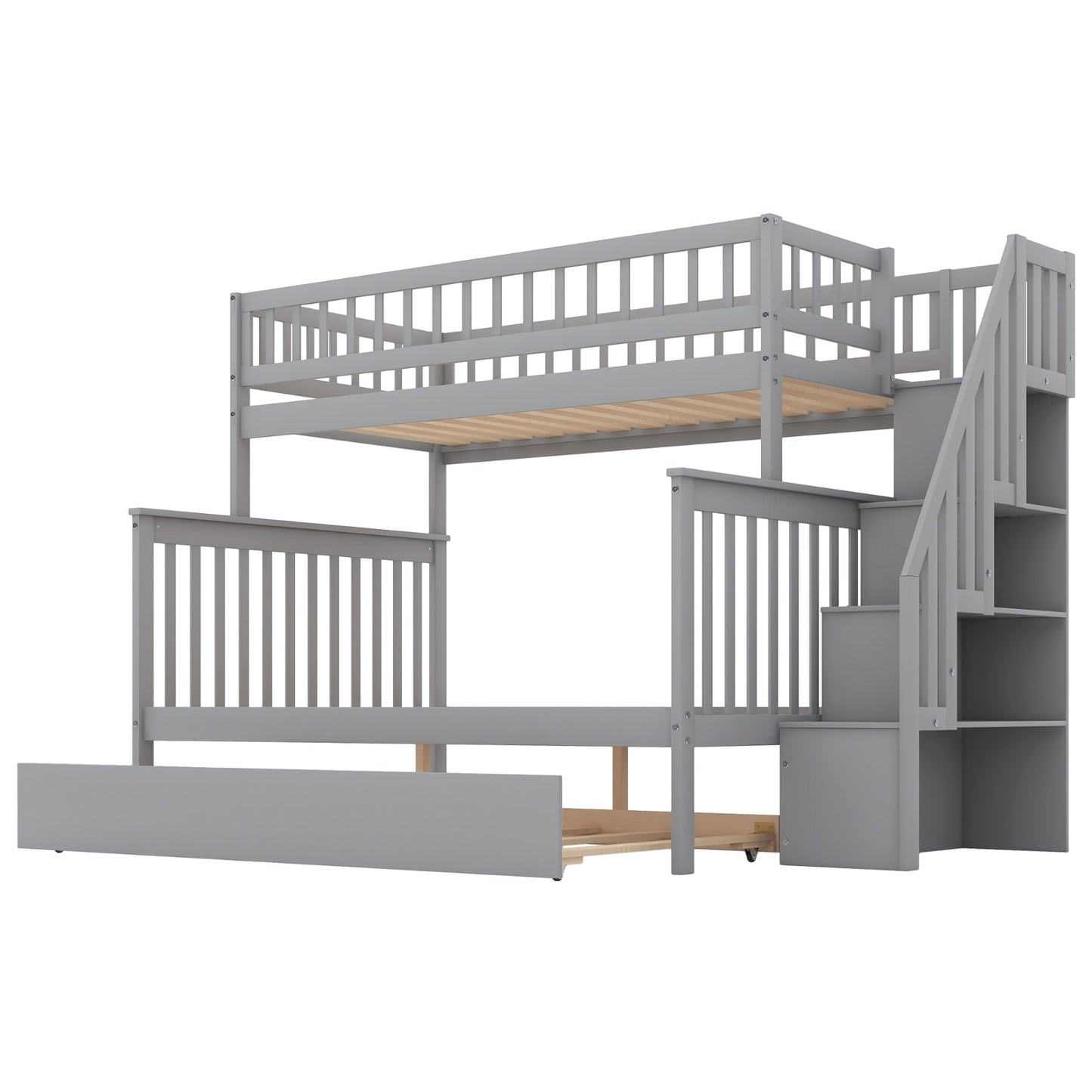 US Local Twin Over Full Bunk Bed With Trundle And Staircase,Gray