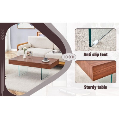 US Local Walnut Colored MDF Coffee Table - 39.3x21.6 With Tempered Glass Legs.Density Board Sticker,Reinforced Glass Legs.Walnut Colored Texture Sticker.