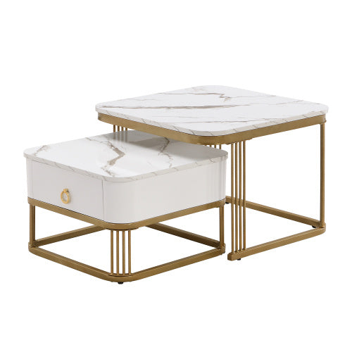 UK Local Nestable Coffee Table High Gloss Marble Exterior, Gold Accents, Side Table With Drawer. Set Of Two