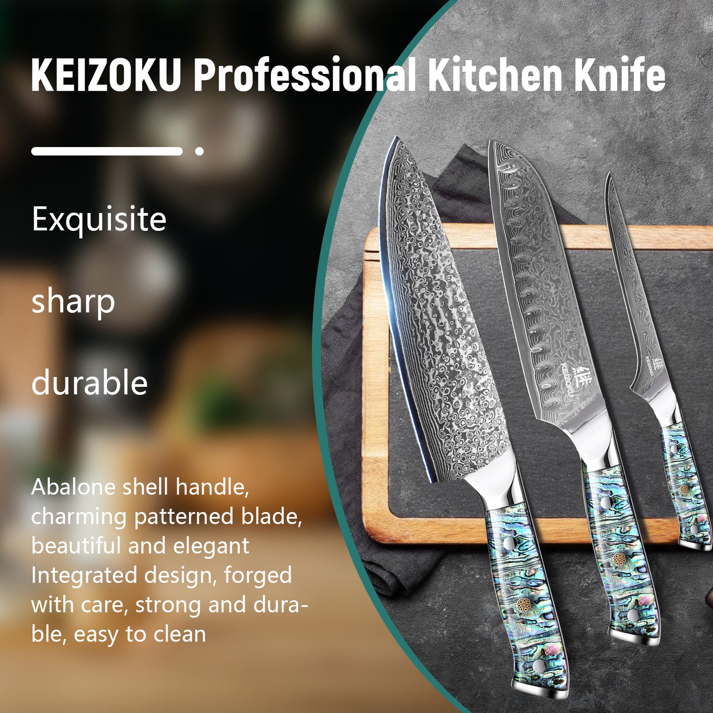 Damascus Steel Chef Knife 8 Inch, Santoku Knife, Boning Knife, Japanese Professional 10Cr15MOV Blade With Hand Forged Hammer Pattern, Ultra Sharp Kitchen Knife With Abalone Shell Ergonomic Handle