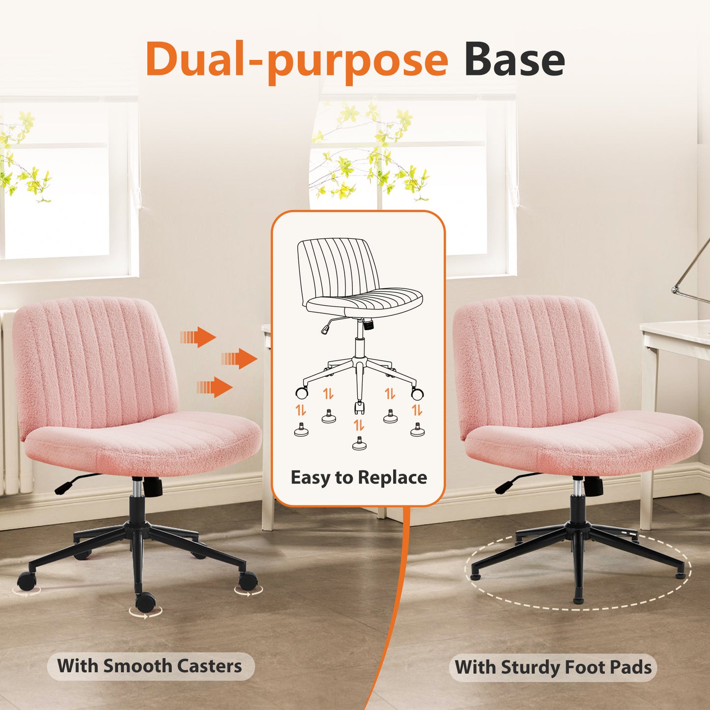 US Local Office Desk Vanity Chair Cross Legged Armless Swivel Fabric Height Adjustable Wide Seat With Replaceable Wheels-Fixed Base, Comfy Task Chair Padded