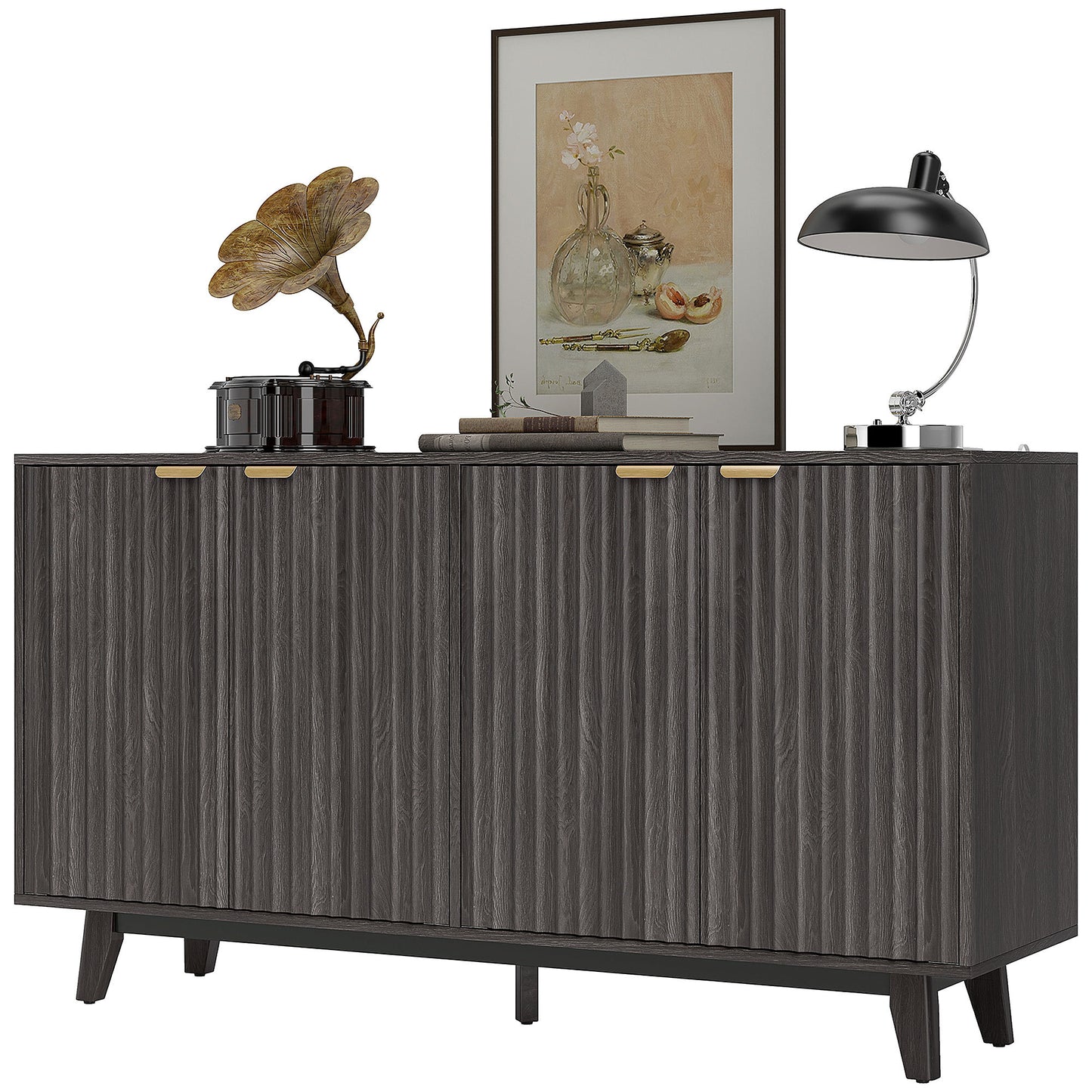 US Local Fluted Sideboard Buffet Cabinet, 55 Coffee Bar Cabinet With 4 Doors, 2 Adjustable Shelves, 5 Wood Legs, Dark Gray