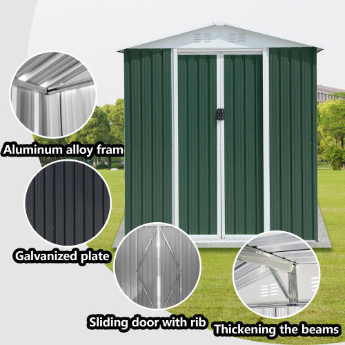 US Local 6x4FT Apex Roof Green Outdoor Tool Storage House Garden Shed With Aluminum Alloy Frame And Sliding Door