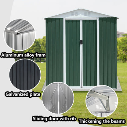 US Local 6x4FT Apex Roof Green Outdoor Tool Storage House Garden Shed With Aluminum Alloy Frame And Sliding Door