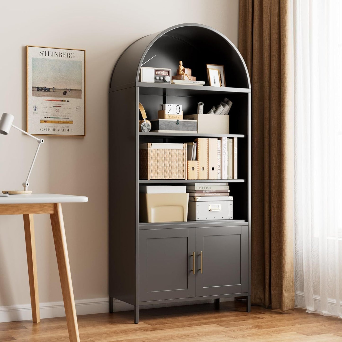 US Local Metal Arched Bookcase, Large Size Freestanding Black Arch Storage Cabinets For Home Office Bookshelf Living Room