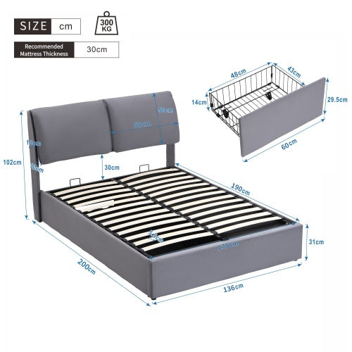 UK Local Upholstered Bed,Double Bed-4ft6  135x190cm  Hydraulic Bed, Three Drawers, Bed Box For Storage, Slatted Frame With Headboard, Without Mattress, Velvet, Grey