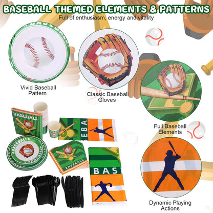 US Local 171 Pcs Baseball Party Supplies Kit Baseball Birthday Party Disposable Dinnerware Set Baseball Themed Party Tableware Decorations Cups Plates Napkins Spoons Knives Forks Tableclothes