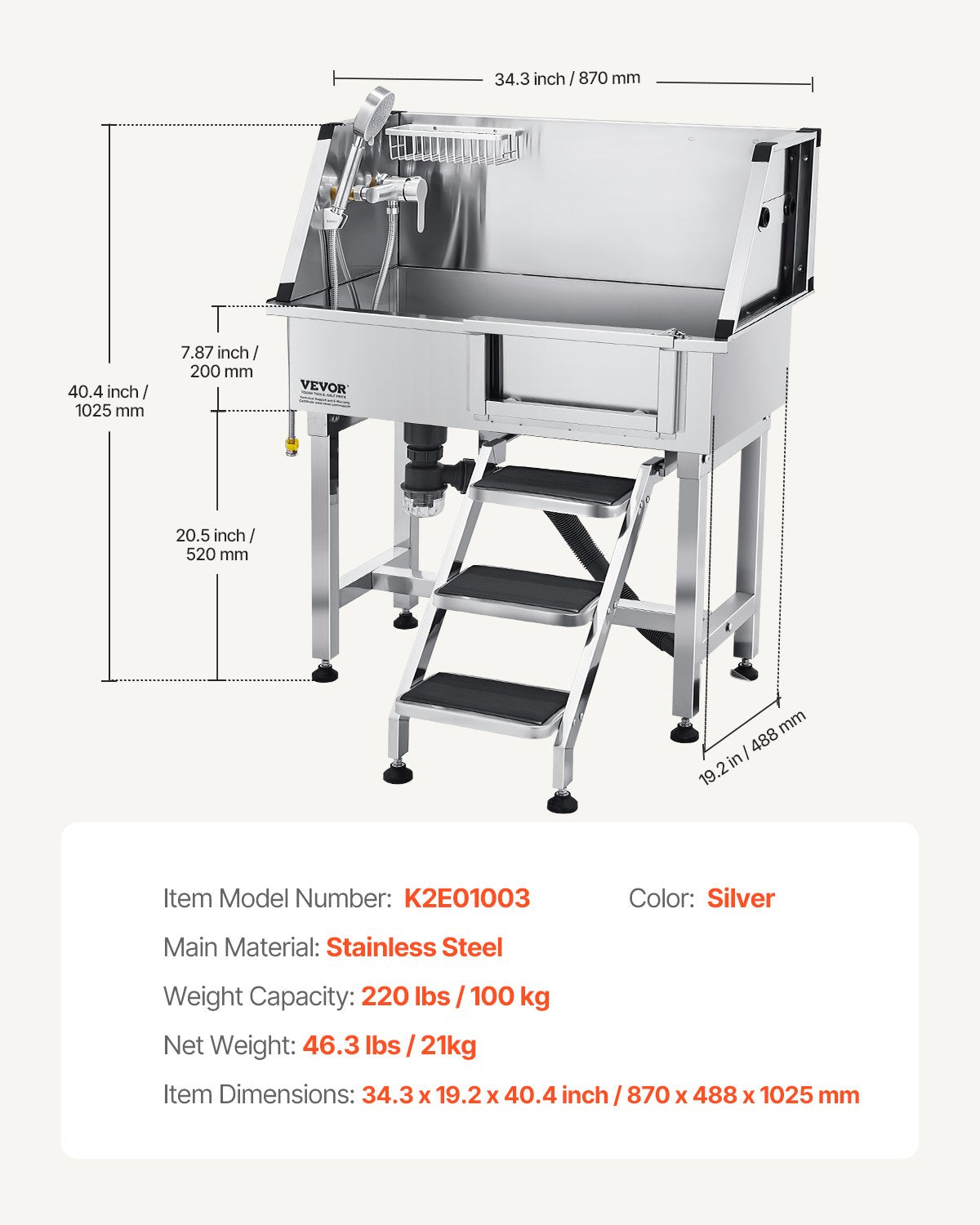 US Local 34 Dog Grooming Bath Tub Stainless Steel W Stairs Faucet Showerhead