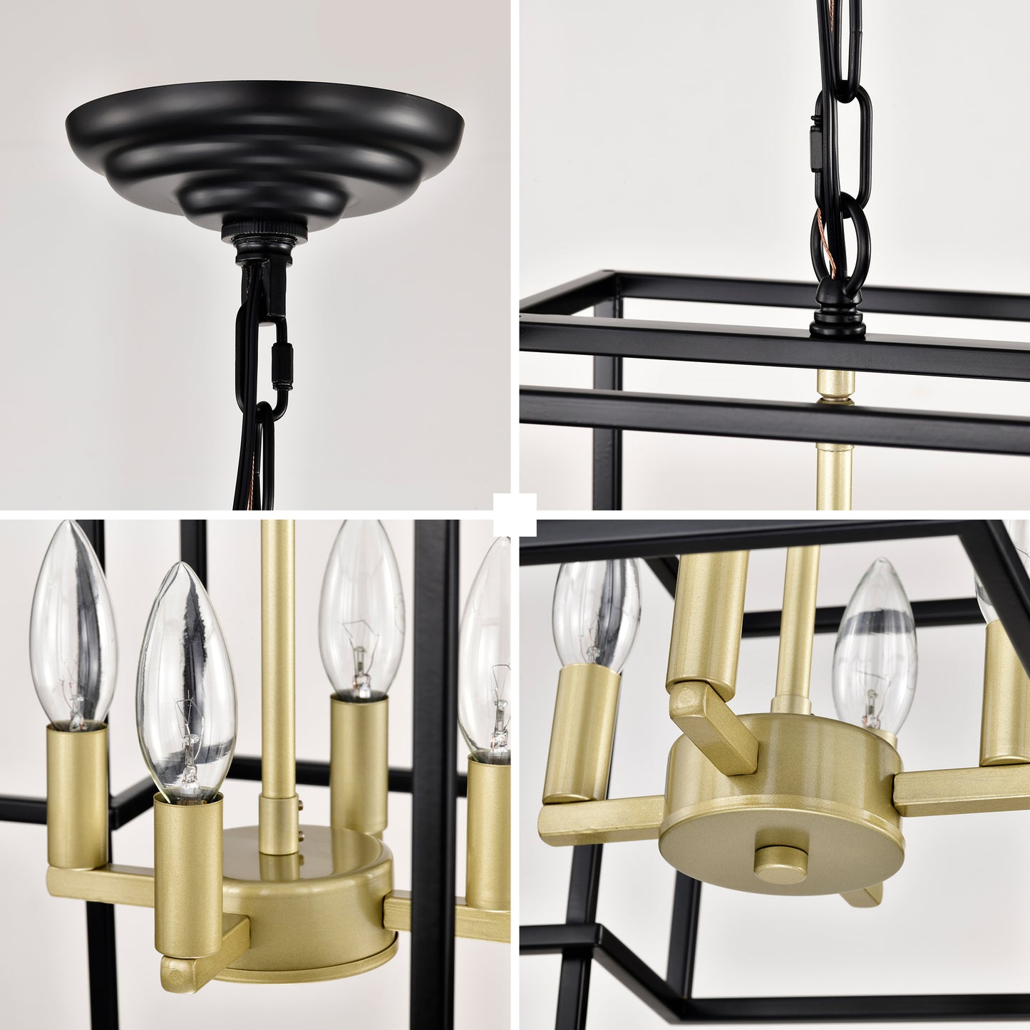 US Local 4-Light Metal Lantern Tiered Pendant Hanging Light Fixtures, Industrial Farmhouse Adjustable Height Chandeliers For Dining Room Hallway Foyer Entryway--Matte Black & Gold
