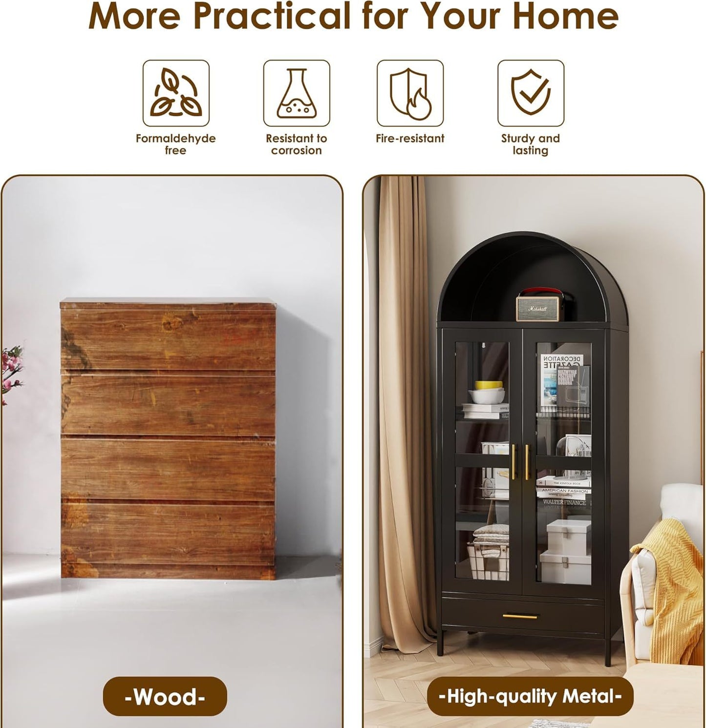 US Local 73In Tall Metal Arched Cabinet, Arched Display Pantry Cabinet With Glass Door, Modern Farmhouse Bookcase With 1 Drawer And 2 Adjustable Shelves For Living Room, Black, Assembly Required