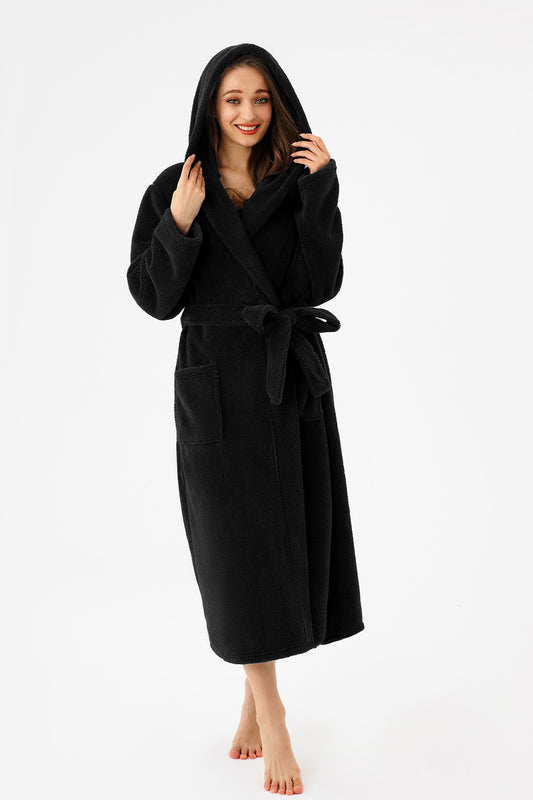 US Local RONGTAI Womens Hooded Robe Long Plush Fleece Bathrobe With Pockets Nightwear S-XXL