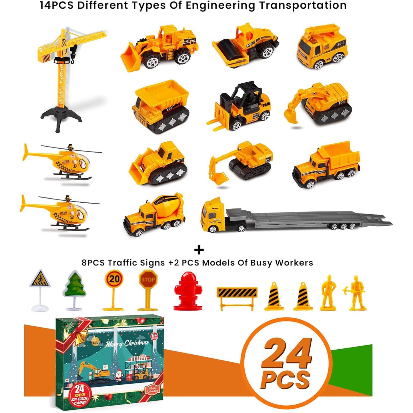 US Local Advent Calendar Christmas Countdown Calendar For Kids, 24PCS Cartoon Engineering Vehicle Playset, Christmas Gifts Toys For 6 Year Old Boys And Girls