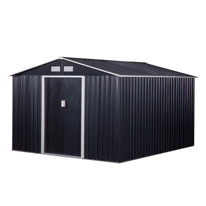 US Local 11' X 9' Metal Storage Shed, Garden Tool House With Double Sliding Doors, 4 Air Vents For Backyard, Patio & Lawn, Dark Gray
