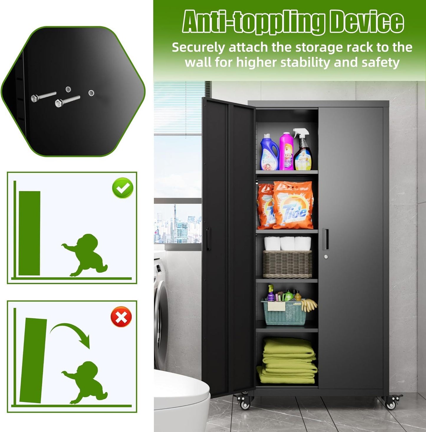 US Local Garage Storage Cabinet With Optional Wheels, Metal Lockable File Cabinet With 2 Doors And 4 Adjustable Shelves,Tool Storage,Home Office Garage,Gym,School Black