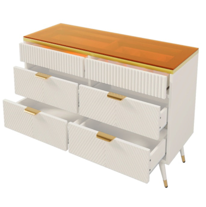 UK Local Sideboard Cabinet Dresser With 6 Drawers,Amber Glass Chest Of Drawers, Compartmentalised Storage,Anti-tip,Dressing Table For Living Room, Hallway, Bedroom, And Children's Room, 120 X 40 X 76 Cm, White
