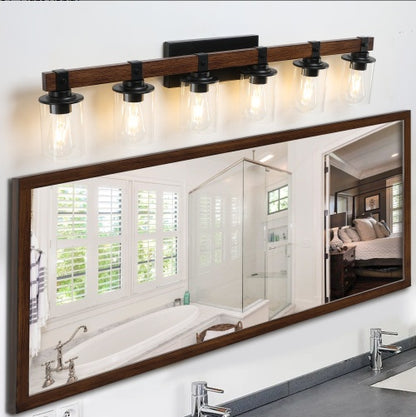 US Local 42 Rustic 6-Light Vanity Light, Industrial Bathroom Wall Sconce With Glass Shades And Wood Accent, Modern Farmhouse Lighting Fixture No Bulbs