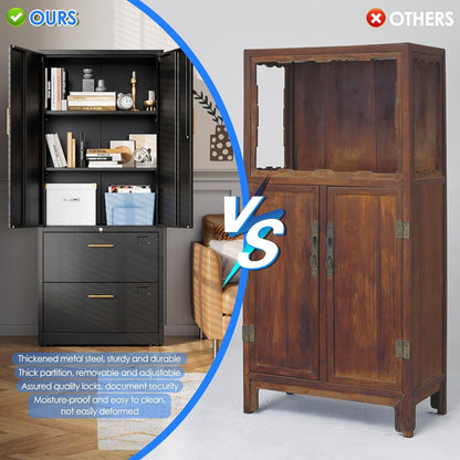 US Local 2 Drawer Lateral File Cabinet With Lock, Metal Filing Storage Cabinet With Locking Doors And 2 Adjustable Shelves For Home, Office, School, Fits A4 Letter Legal Size Folders, Assembly Required