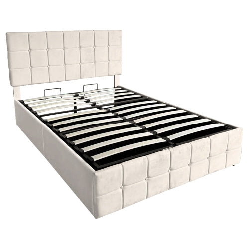 UK Local 4ft6 Double Upholstered Storage Bed Frame, Velvet Ottoman Bed With Hydraulic Storage, Double Bed With Adjustable Button Tufted Headboard, Metal-Wood Support, No Mattress, Beige