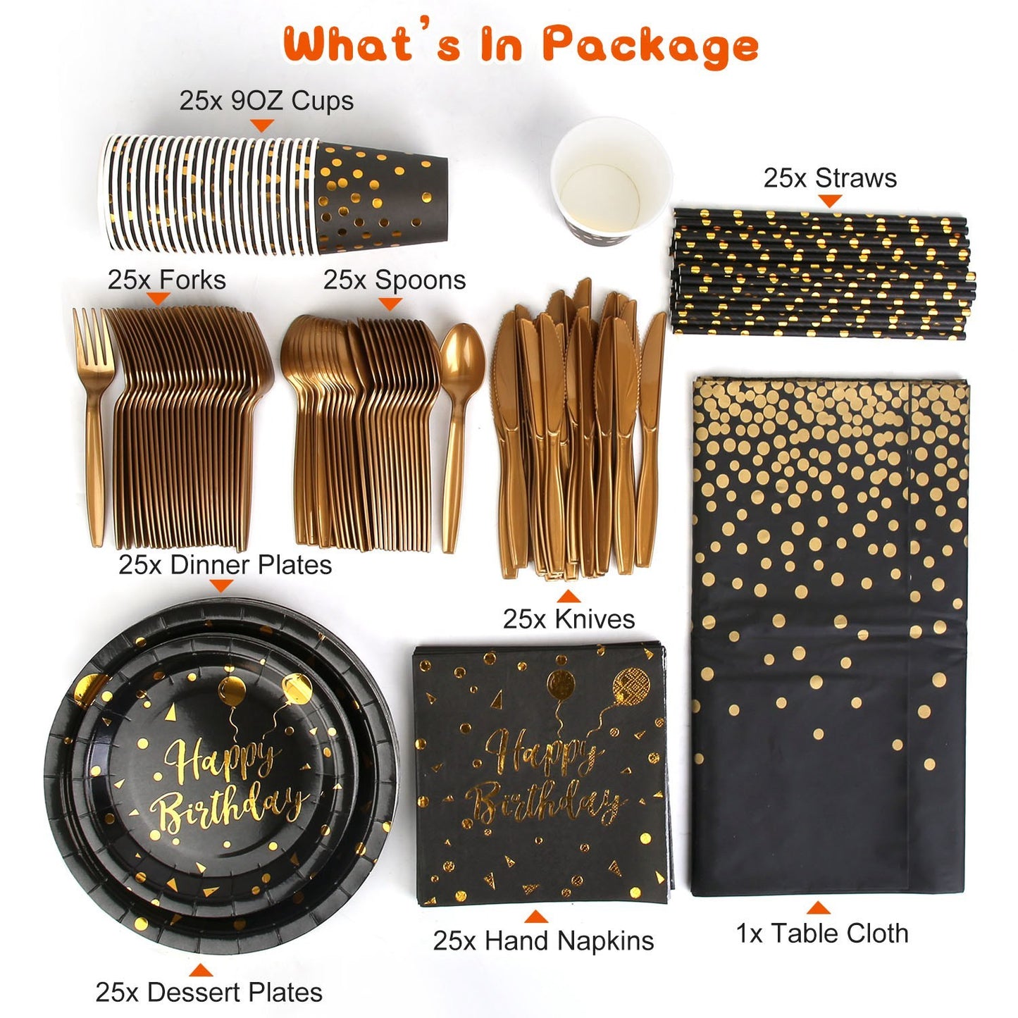 US Local 201 PCS Black Gold Birthday Party Supplies For 25 Guests Happy Birthday Disposable Dinnerware Set Paper Plates 9OZ Cups Straws Napkins Forks Knives Spoons Tablecloth