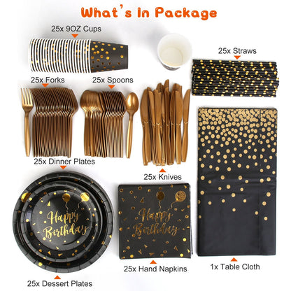 US Local 201 PCS Black Gold Birthday Party Supplies For 25 Guests Happy Birthday Disposable Dinnerware Set Paper Plates 9OZ Cups Straws Napkins Forks Knives Spoons Tablecloth
