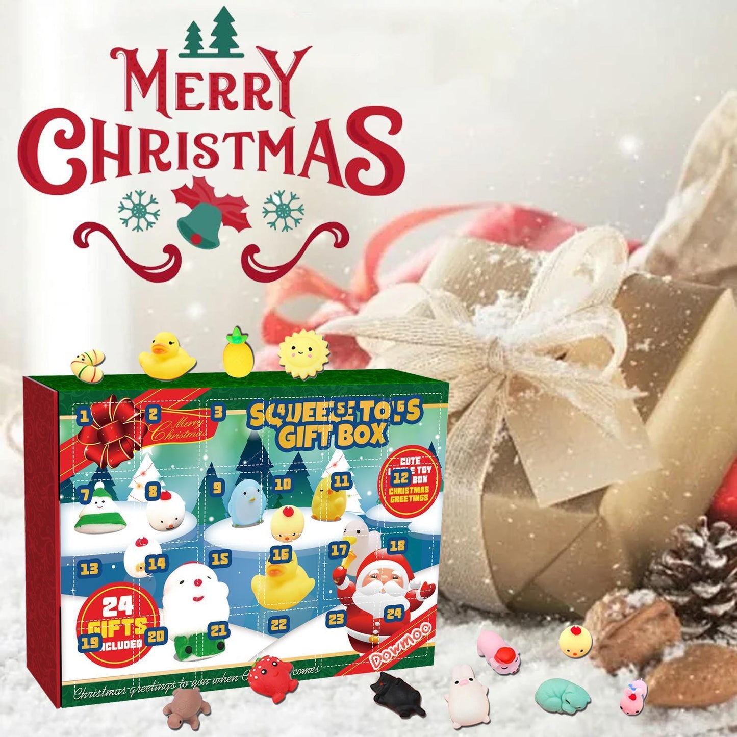 US Local Christmas Squeezable Gift Box, 24-compartment Countdown Blind Box, Squeezeable Cartoon Toy For Stress Relief.