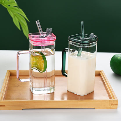US Local 1 Pcs Transparent Glass Straw Cup, 6 Colors Square Glass Cup With Straw And Lid, High Borosilicate Glass Cup, Milk Cup, Juice Cup, Cold Drink Cup, Coffee Cup, Tea Cup, Office Cup, Gift Cup