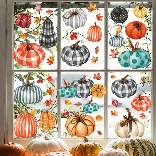9 Sheets Fall Window Clings 98PCS Thanksgiving Window Stickers Pumpkin Maple Leaf Double Sided Static Window Decals For Autumn Party Supplies