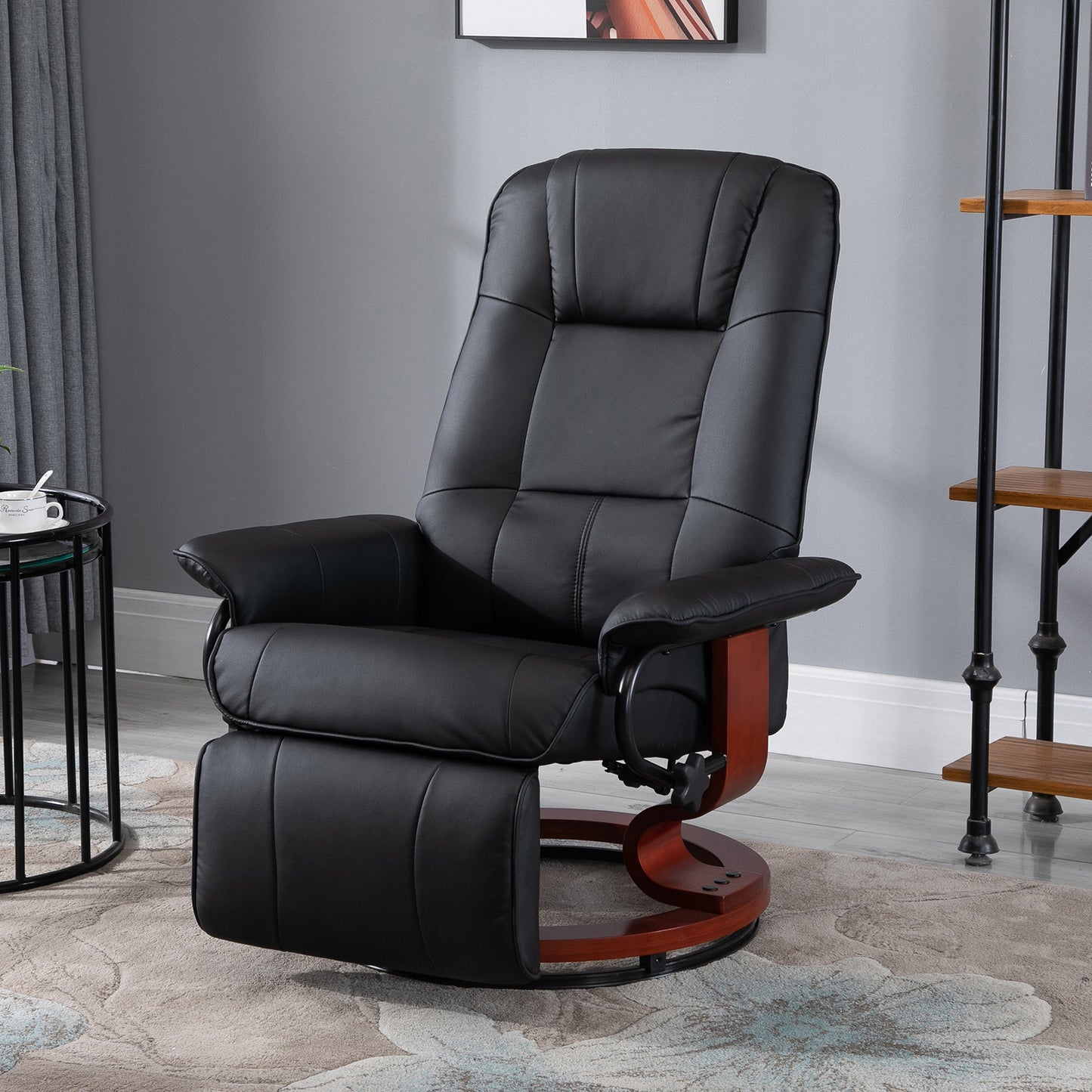 US Local Living Room Relaxation Black Faux Leather Swivel Recliner With Adjustable Footrest