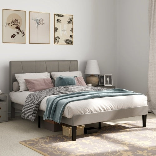 UK Local HOMCOM King Size Bed Frame, With Velvet-Feel Headboard - Grey