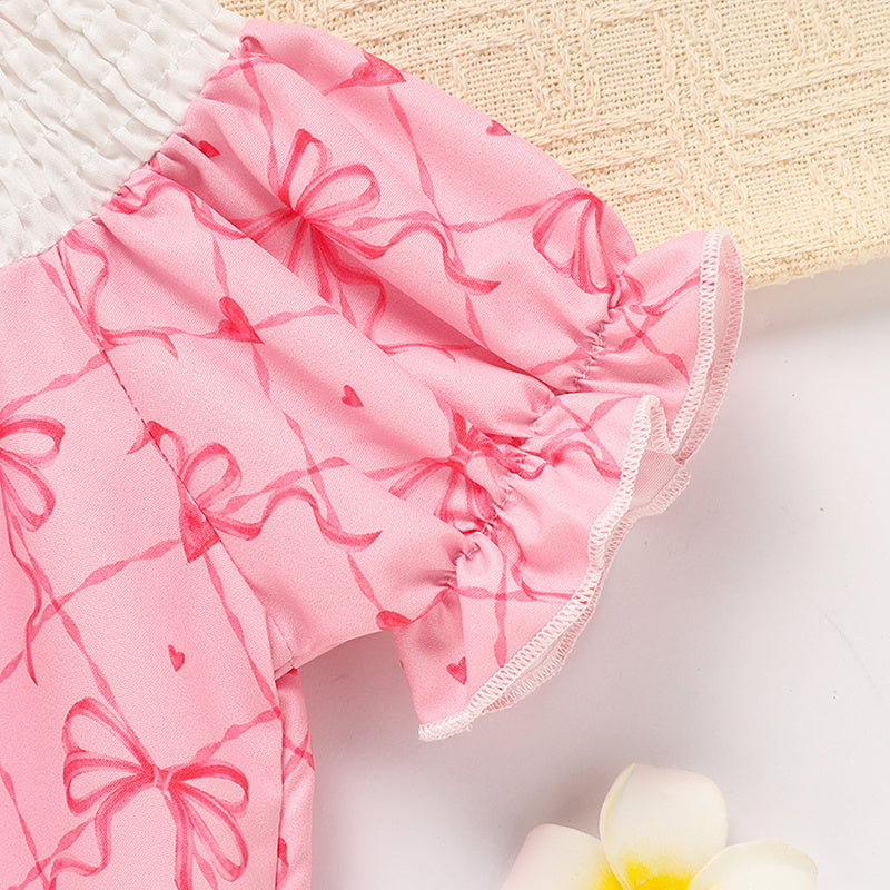 US Local Baby Girl's Bowknot Graphic Print Romper, Daddy's Girl Letter Print Triangle Jumpsuit With Bubble Sleeves