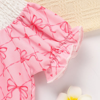 US Local Baby Girl's Bowknot Graphic Print Romper, Daddy's Girl Letter Print Triangle Jumpsuit With Bubble Sleeves