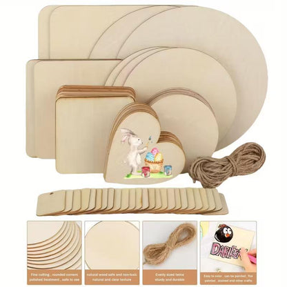 US Local 65-piece Unfinished Wooden Set, Craft Materials, Mixed-shape Wood Chips, Blank Decorative Plaques, Wooden Plaques For Drawing And Writing.