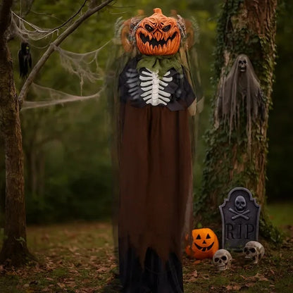 US Local 5.6ft Halloween Decorations Outdoor Life Size Animatronics Ghost With Pumpkin Head, Sound-Actived Party Decor With Creepy Sound , Scary Haunted House Props For Garden Yard Lawn