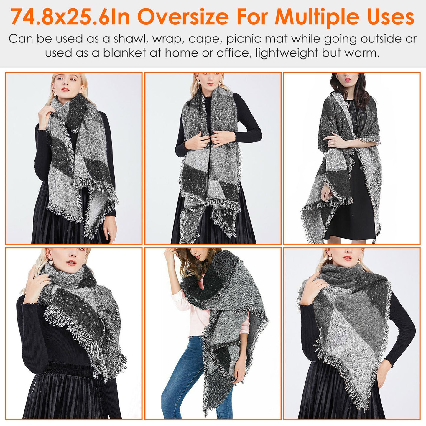 US Local 1 Pc Women Winter Warm Scarf 74.8x25.6In Long Soft Knitted Shawl Extra Thick Plaid Blanket Wrap Cape