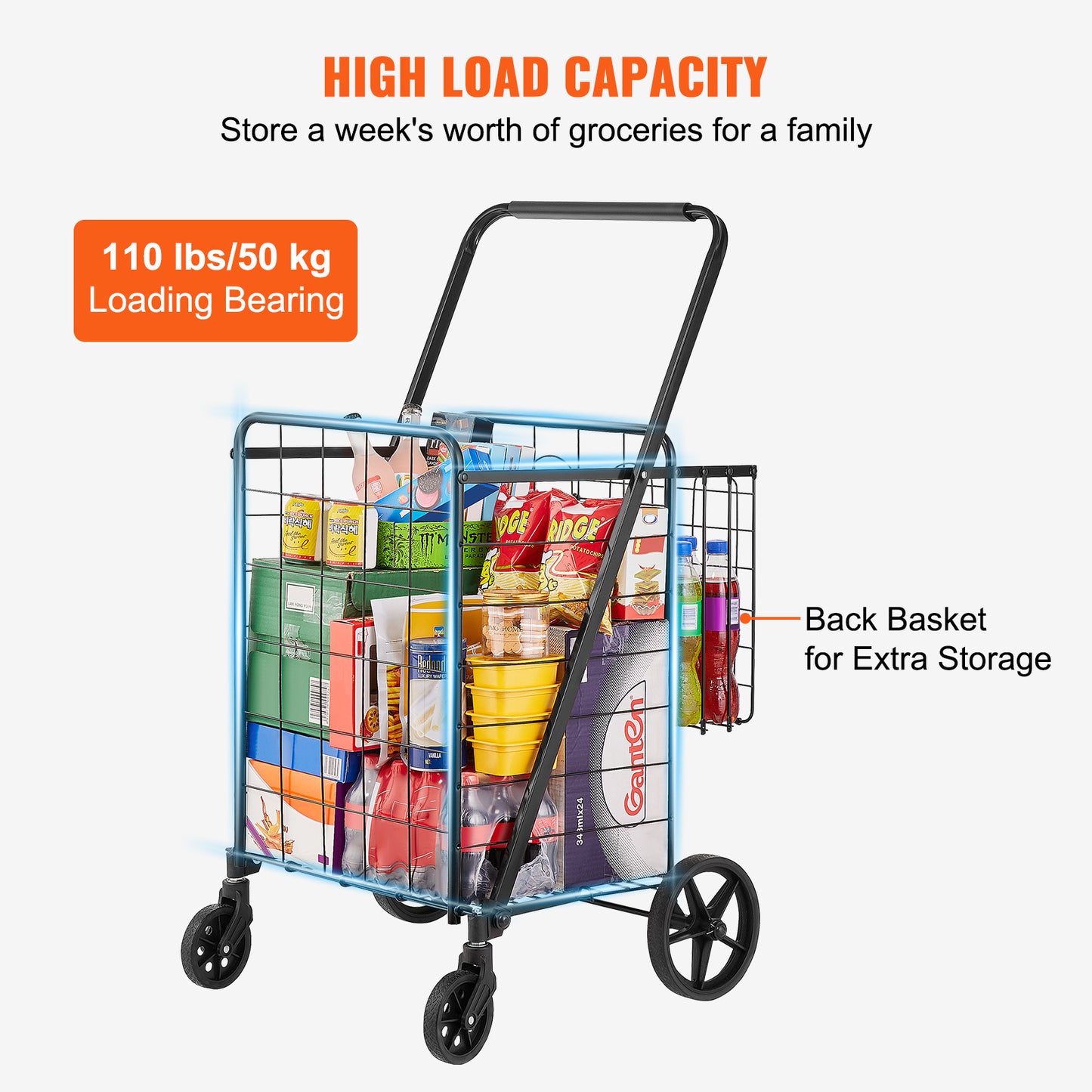 US Local VEVOR Folding Shopping Cart, Jumbo Grocery Cart With Double Baskets, 360Swivel Wheels, Heavy Duty Utility Cart, 110 LBS Large Capacity Utility Cart For Laundry, Shopping, Grocery, Luggage