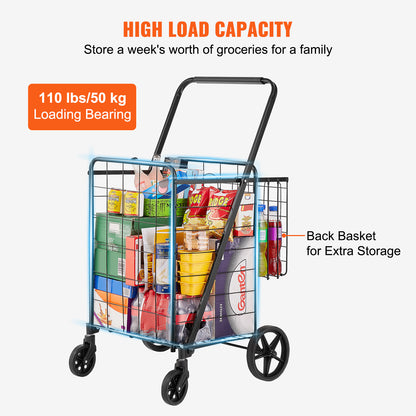 US Local VEVOR Folding Shopping Cart, Jumbo Grocery Cart With Double Baskets, 360Swivel Wheels, Heavy Duty Utility Cart, 110 LBS Large Capacity Utility Cart For Laundry, Shopping, Grocery, Luggage