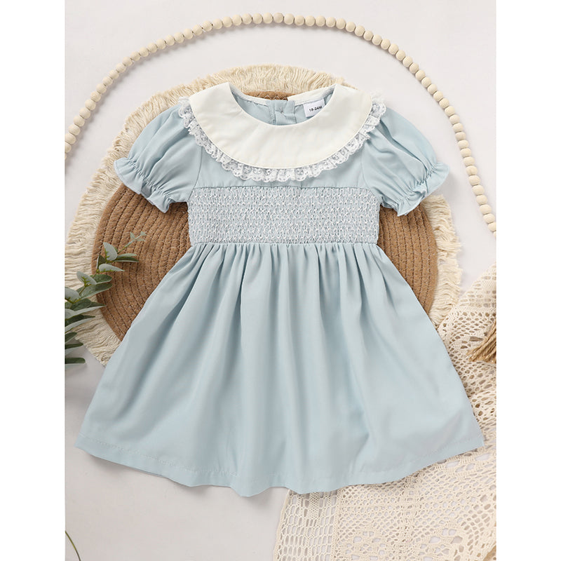 US Local Toddler Girls' Smocked Dress Cute Puff Short Sleeves Lace Crew Neck, Adorable Princess Party Dress