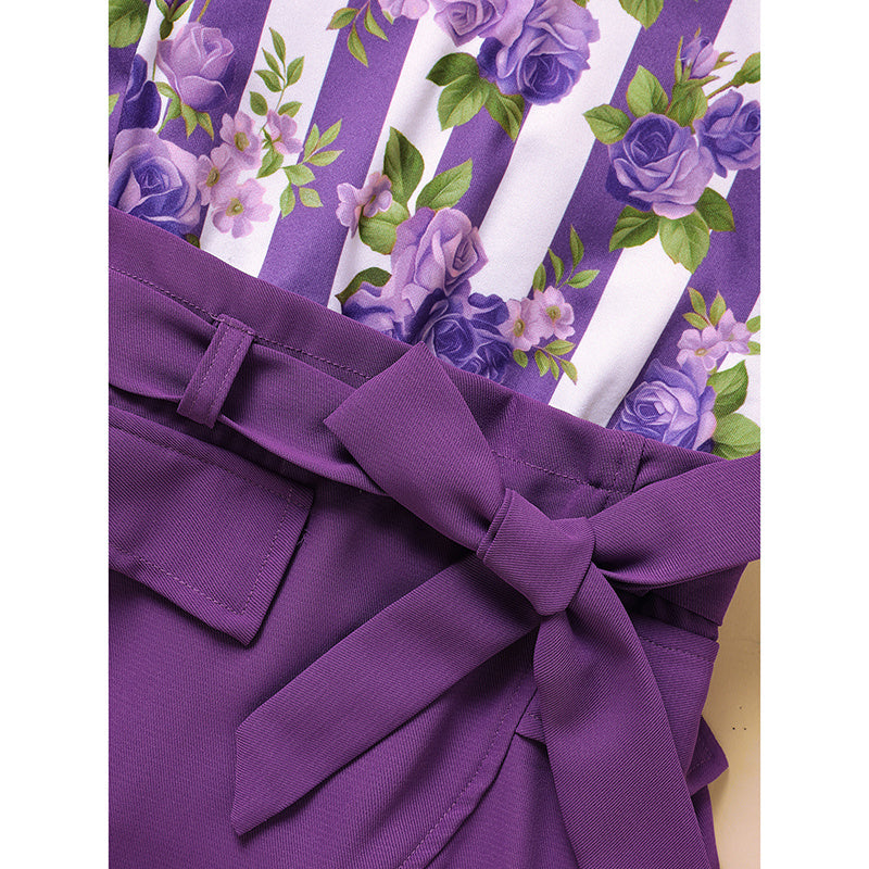 US Local Toddler Girl Purple Rose Print Girls Outfit, Spring Fall Stripe Top With Belt Skirts Set Holiday Going Out Clothes