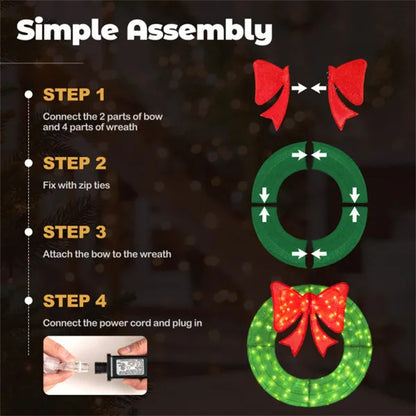 Pre-Lit Christmas Wreath - 200 LED Lights  Warm White Red , Large Bow , IP44 Weatherproof For Indoor Outdoor