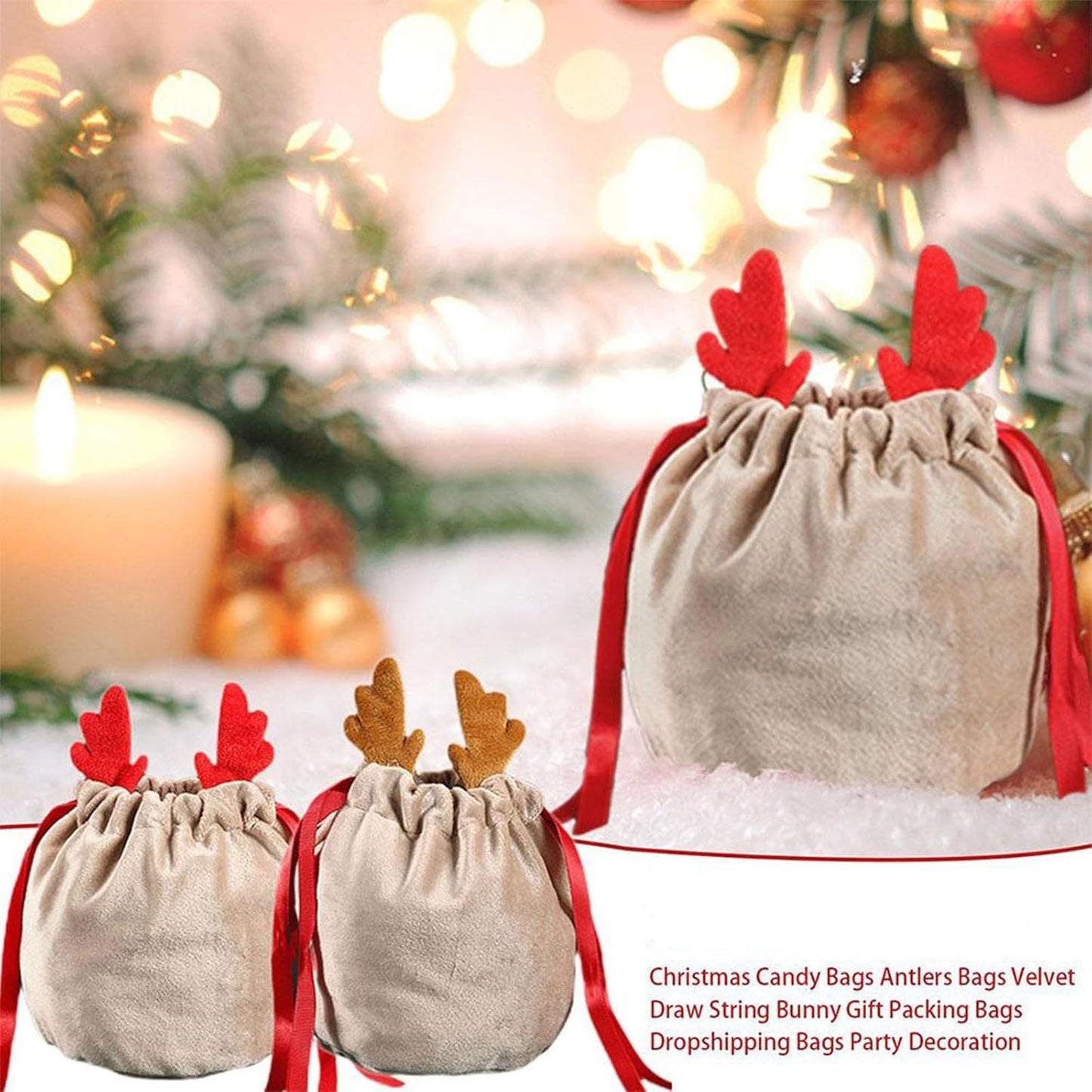 US Local 5 Pcs Christmas Velvet Drawstring Candy Gift Bags With Antlers 2 Styles Mini Xmas Present Pouch 7x5 Inch Santa Gift Wrapping Bags