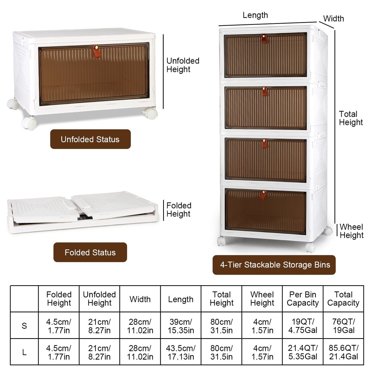 US Local 4Pc Foldable Storage Bins With Lid Front Magnetic Door Collapsible Stackable Closet Organizer Containers With 4Pcs 360 Degree Rotatable Wheels