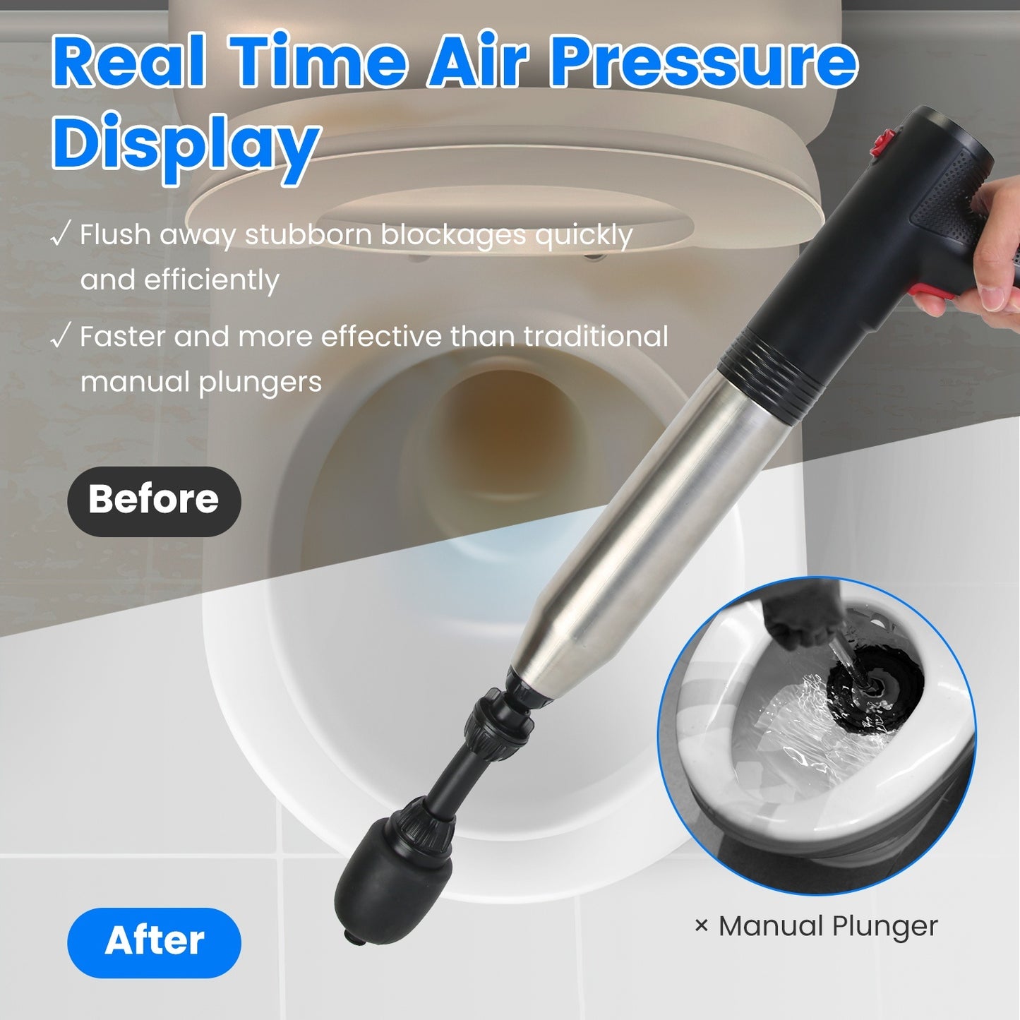 US Local 1Pc Electric Toilet Plunger High Pressure Air Plunger Air Drain Blaster Drain Clog Remover With Real Time Pressure Display For Toilets Bathroom Floor Drain Kitchen Sinks Plumbing Clogs